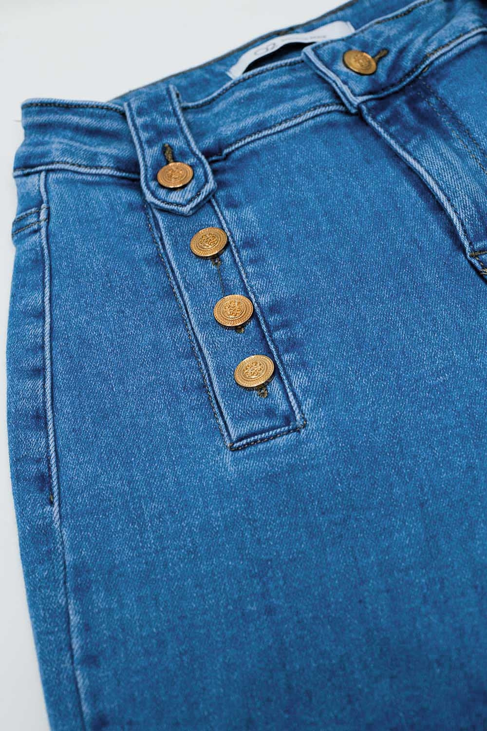 Straight Marine Style Jeans With Golden Buttons Details On The Side in Mid Blue - Denim