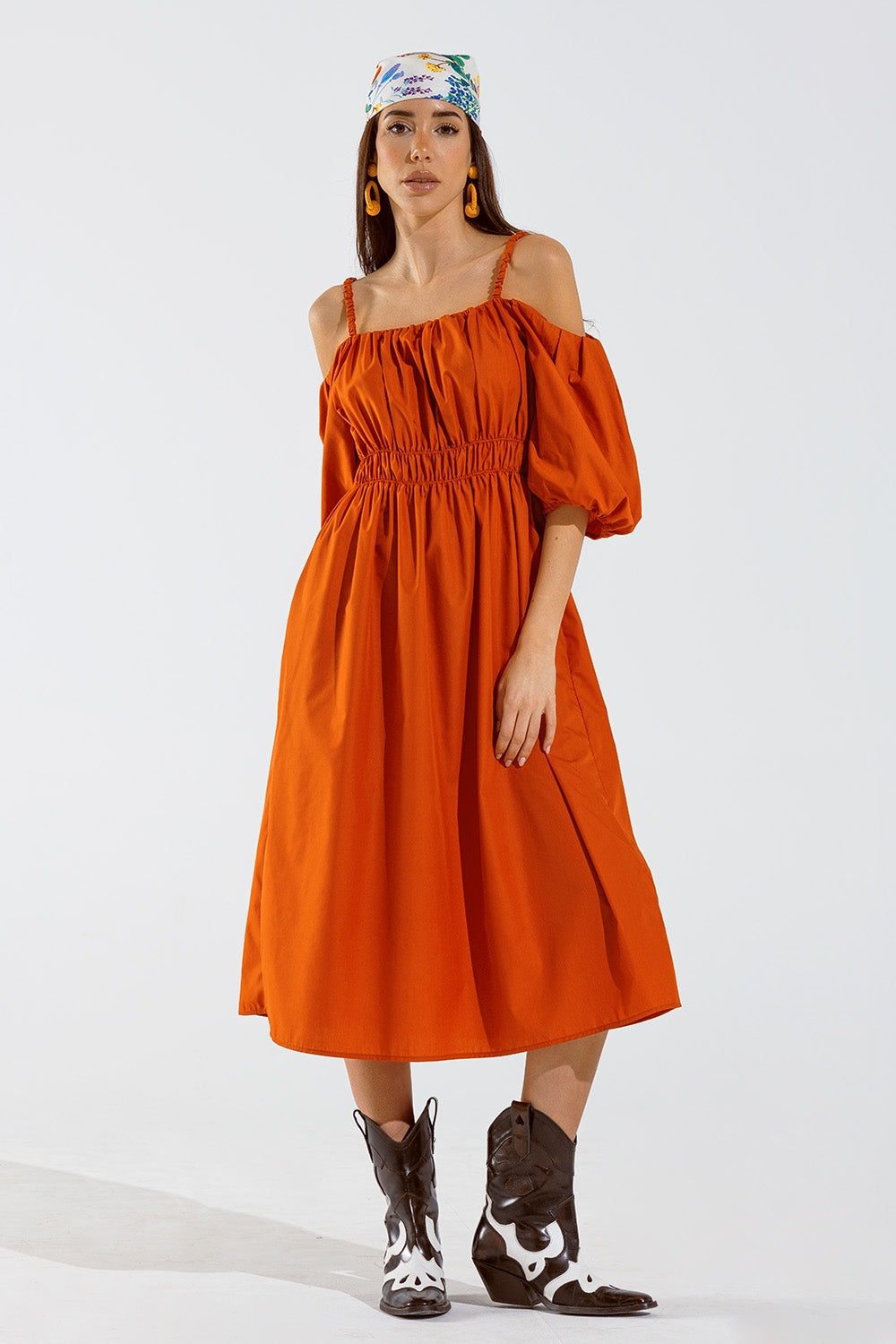 Midi orange dress with short sleeves and straps - dress