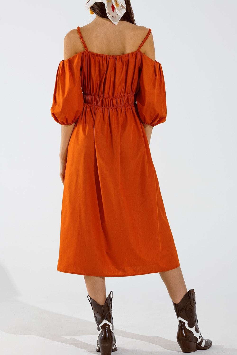 Midi orange dress with short sleeves and straps - dress