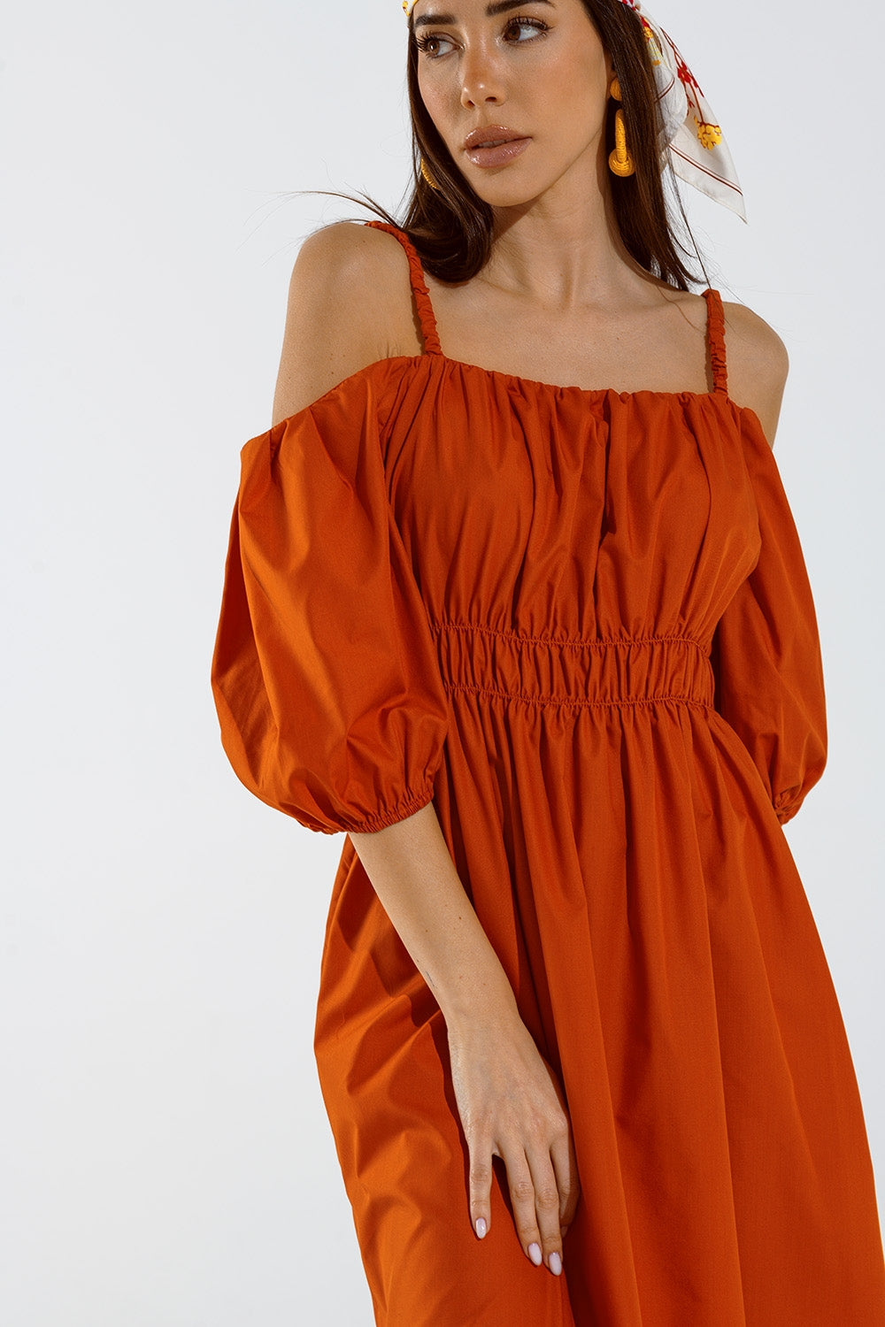 Midi orange dress with short sleeves and straps - dress