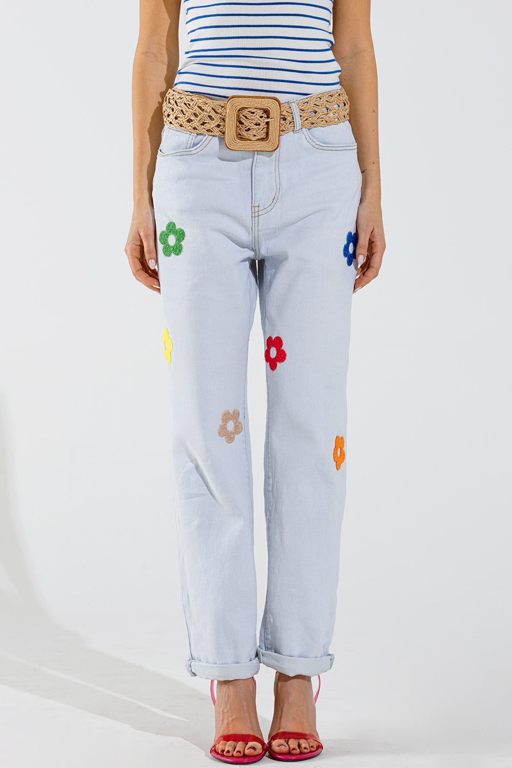 Bleached Relaxed Jeans With Multicolor Floral Design - Denim
