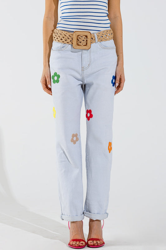 Bleached Relaxed Jeans With Multicolor Floral Design - Denim