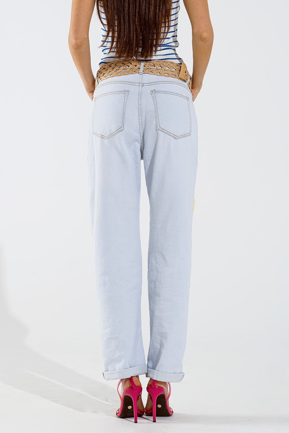 Bleached Relaxed Jeans With Multicolor Floral Design - Denim