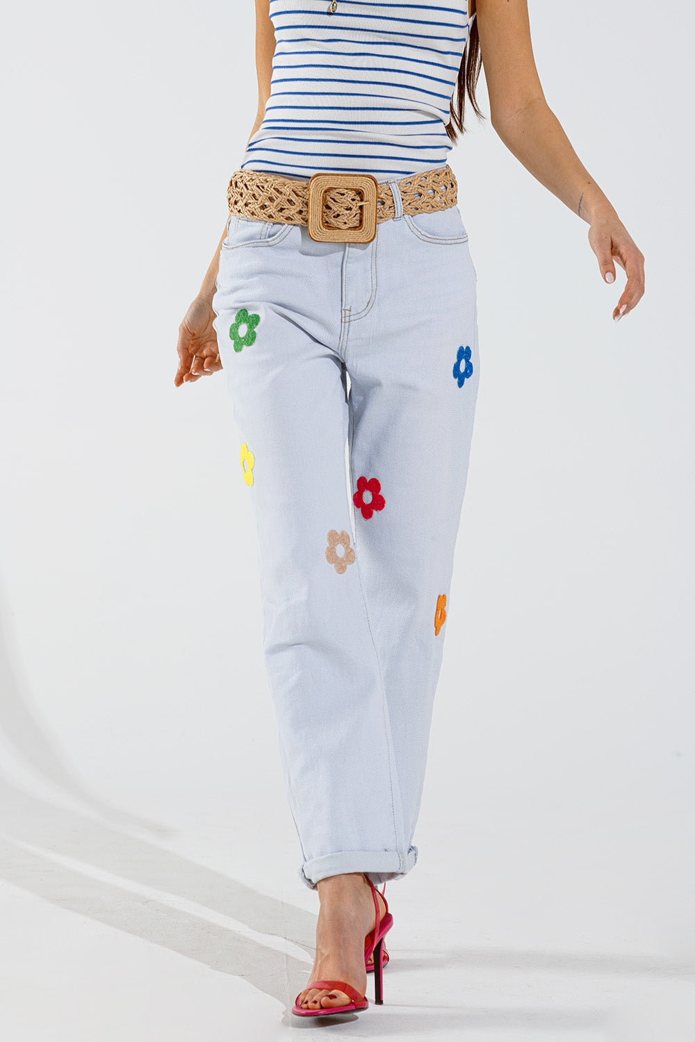 Bleached Relaxed Jeans With Multicolor Floral Design - Denim