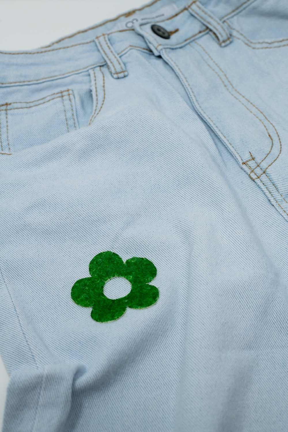Bleached Relaxed Jeans With Multicolor Floral Design - Denim