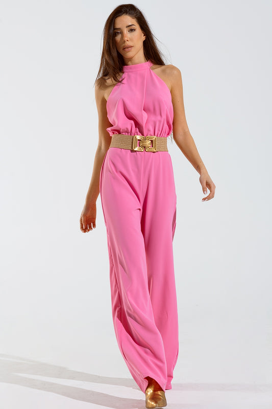 Pink jumpuits with top crossed and high collar - jumpsuit