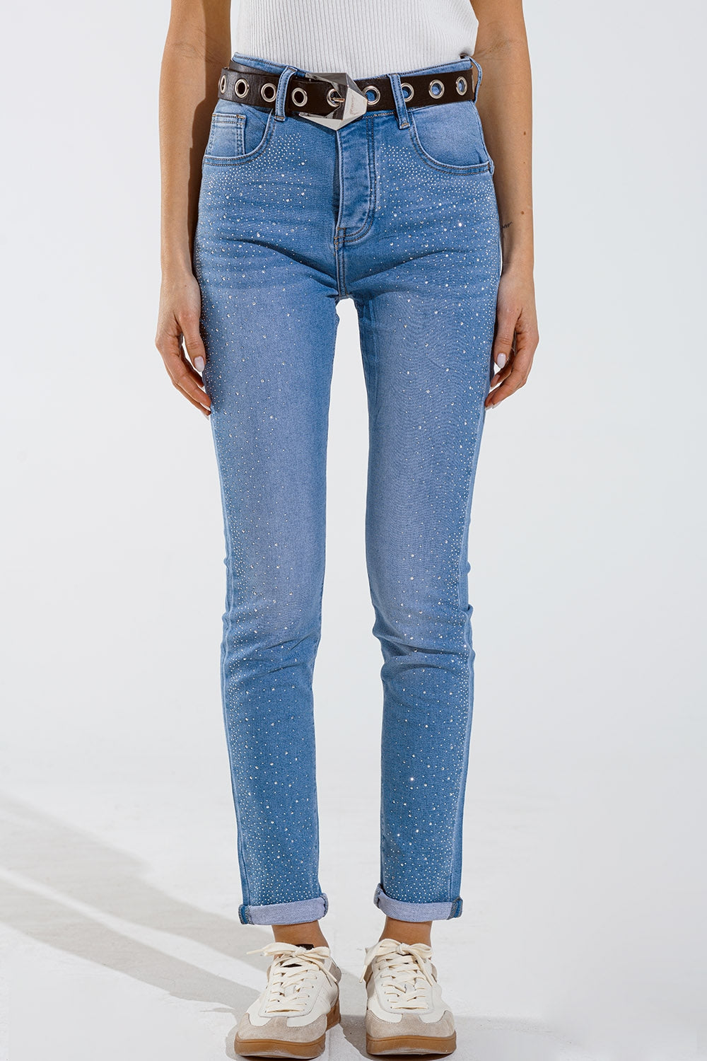 Skinny jeans in washed blue with strass all over the front - Denim