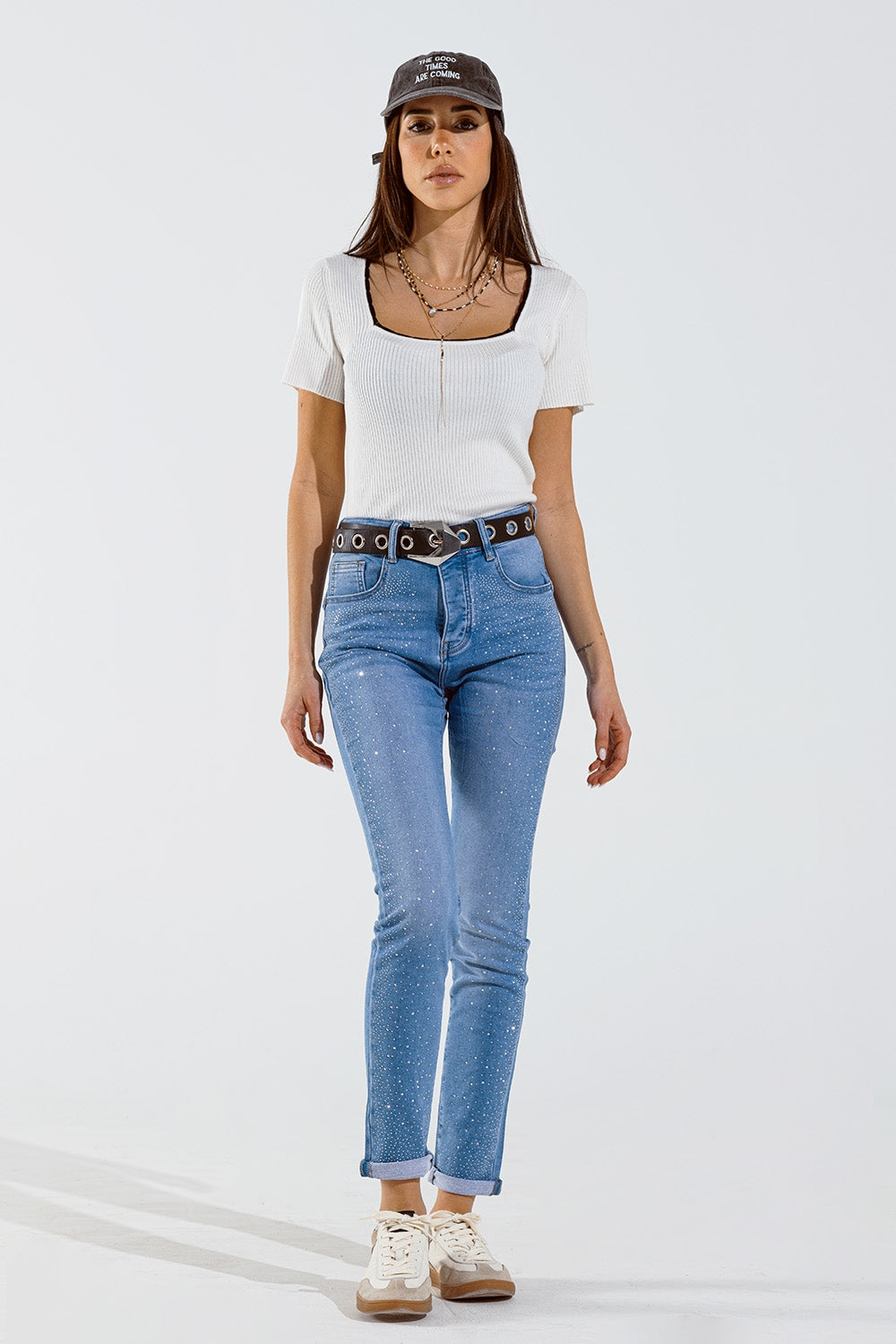 Skinny jeans in washed blue with strass all over the front - Denim