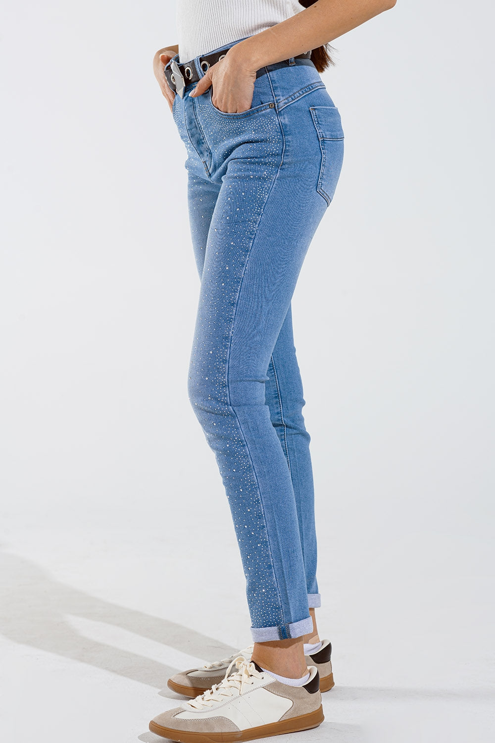 Skinny jeans in washed blue with strass all over the front - Denim