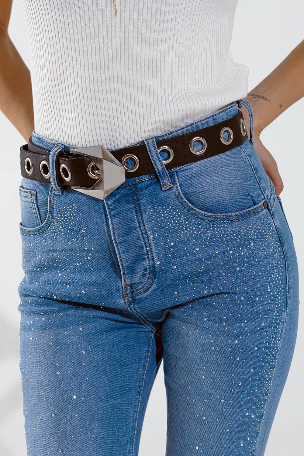 Skinny jeans in washed blue with strass all over the front - Denim