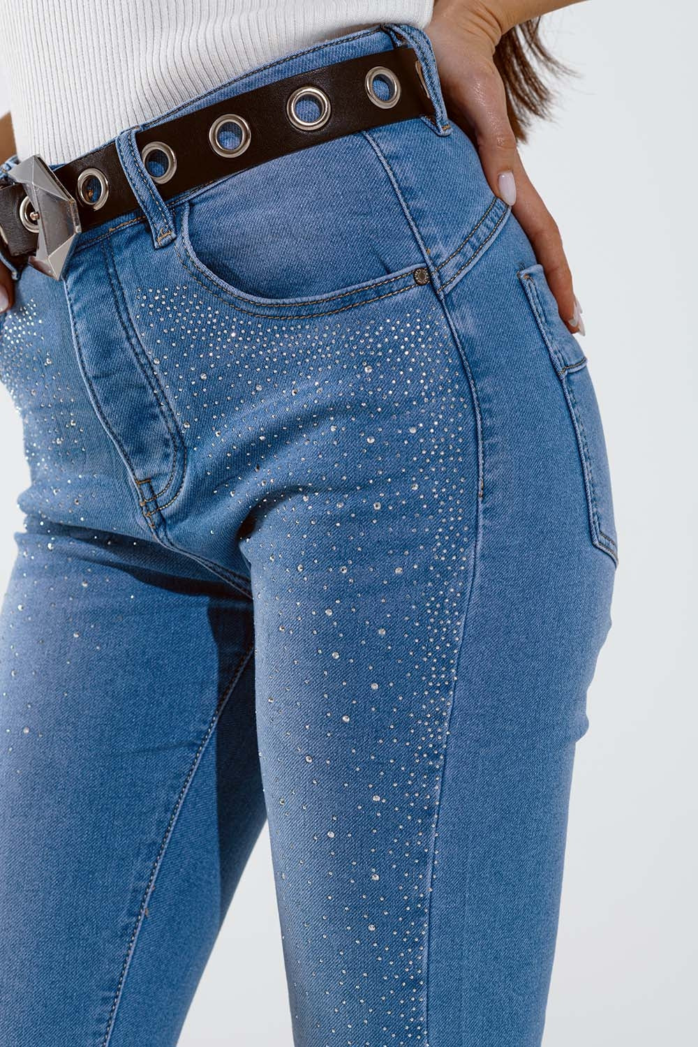 Skinny jeans in washed blue with strass all over the front - Denim
