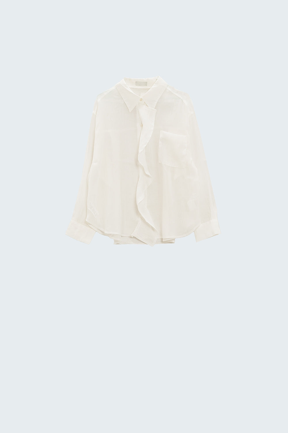 Semi Sheer White Blouse With Ruffle Detail Down The Front - Shirts