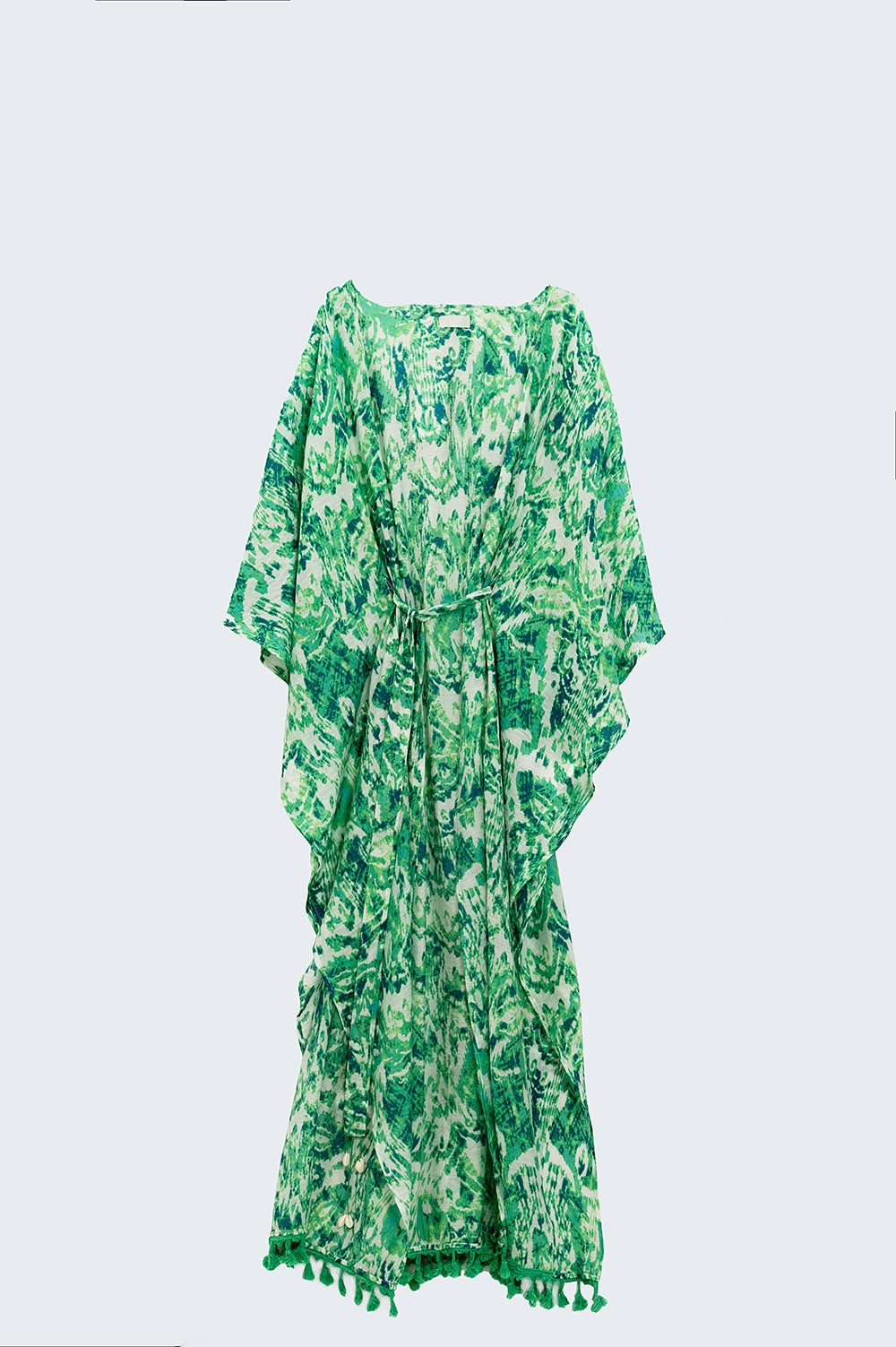 Green Long Kimono With Drawstring Closing in Tribal Print - kimono jacket