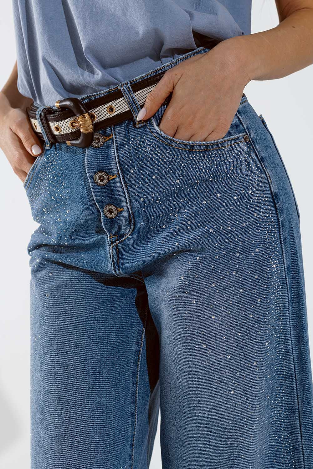 Wide Leg Jeans With Exposed Buttons And Stras Details in Mid Wash - Denim