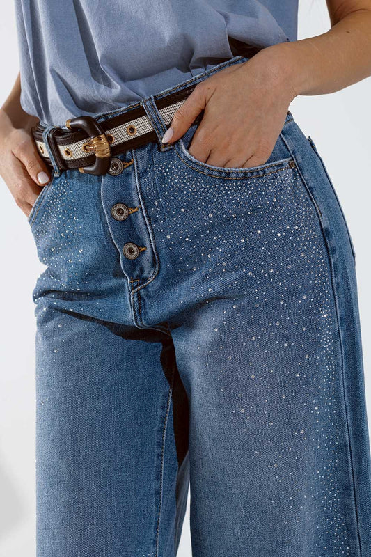 Wide Leg Jeans With Exposed Buttons And Stras Details in Mid Wash - Denim