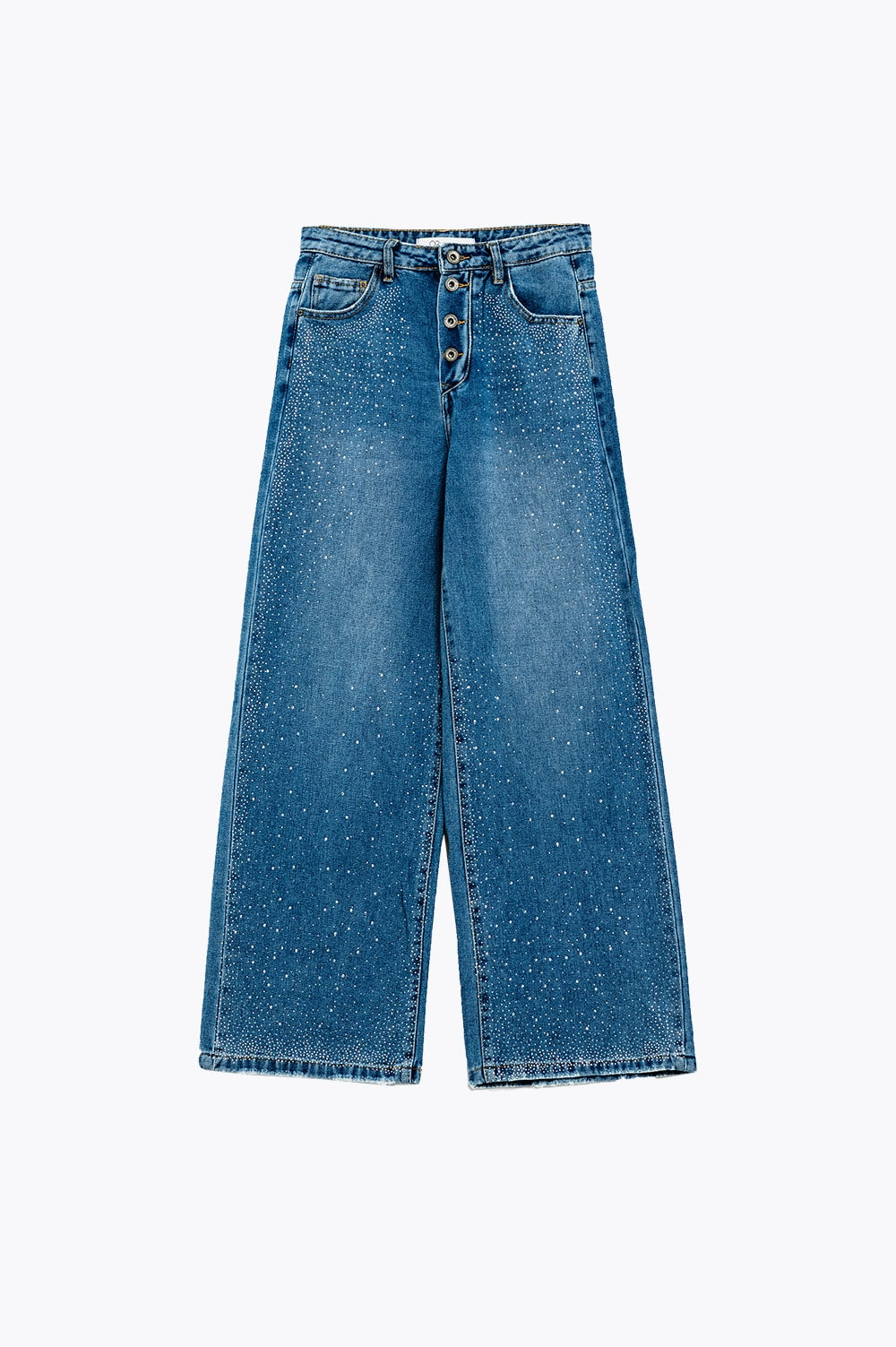 Wide Leg Jeans With Exposed Buttons And Stras Details in Mid Wash - Denim