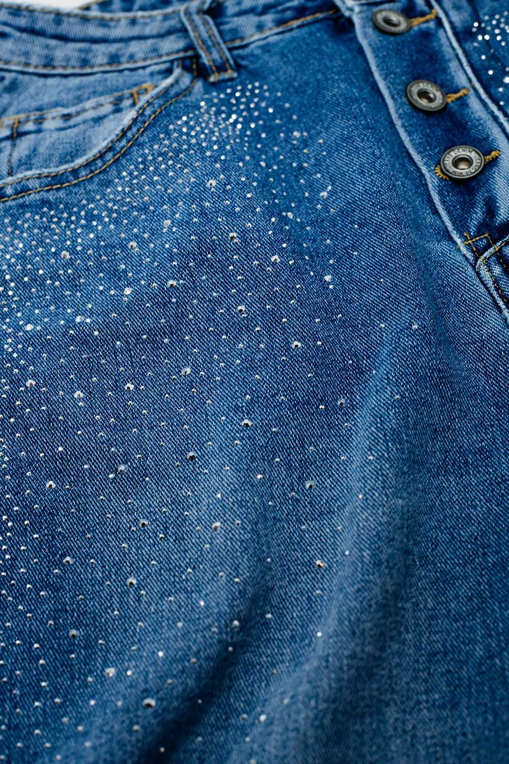 Wide Leg Jeans With Exposed Buttons And Stras Details in Mid Wash - Denim