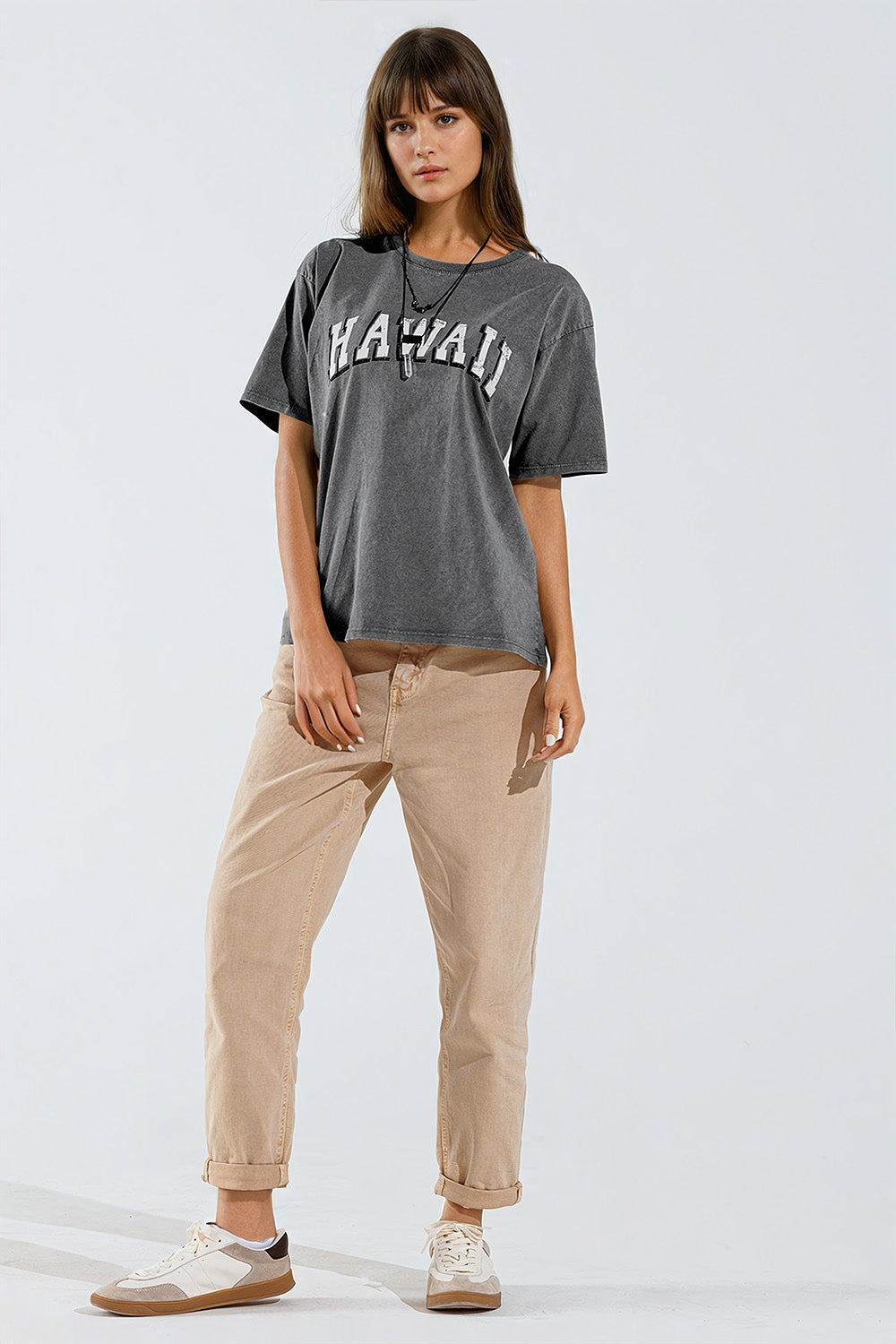 Washed Effect Hawaii T-Shirt In Grey - top