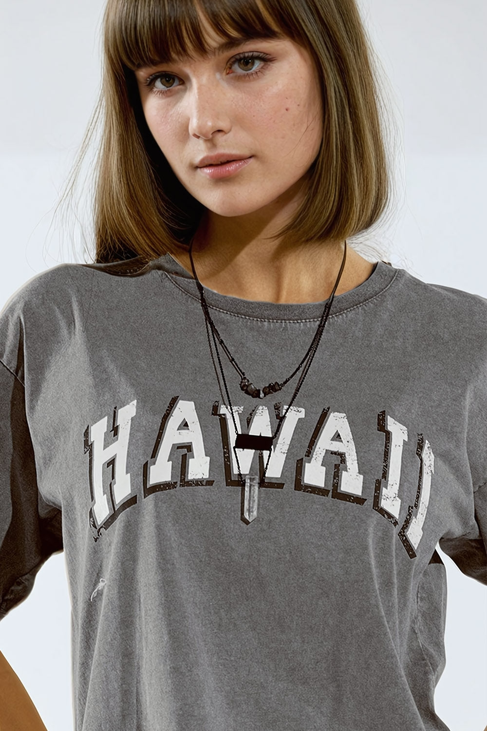 Washed Effect Hawaii T-Shirt In Grey - top