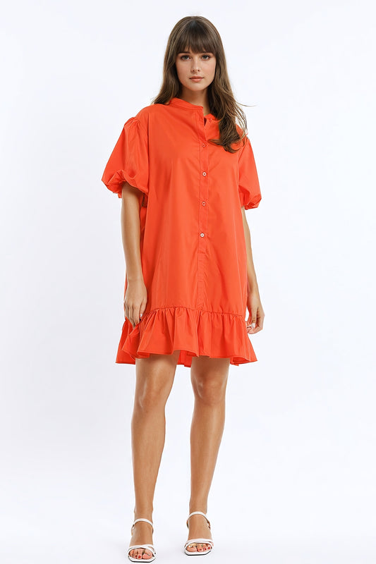 Relaxed Shirt Dress With Balloon Short Sleeves and Ruffle In Orange - dress