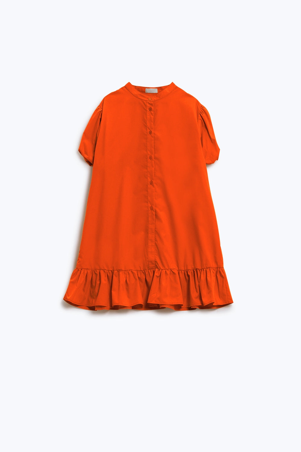 Relaxed Shirt Dress With Balloon Short Sleeves and Ruffle In Orange - dress
