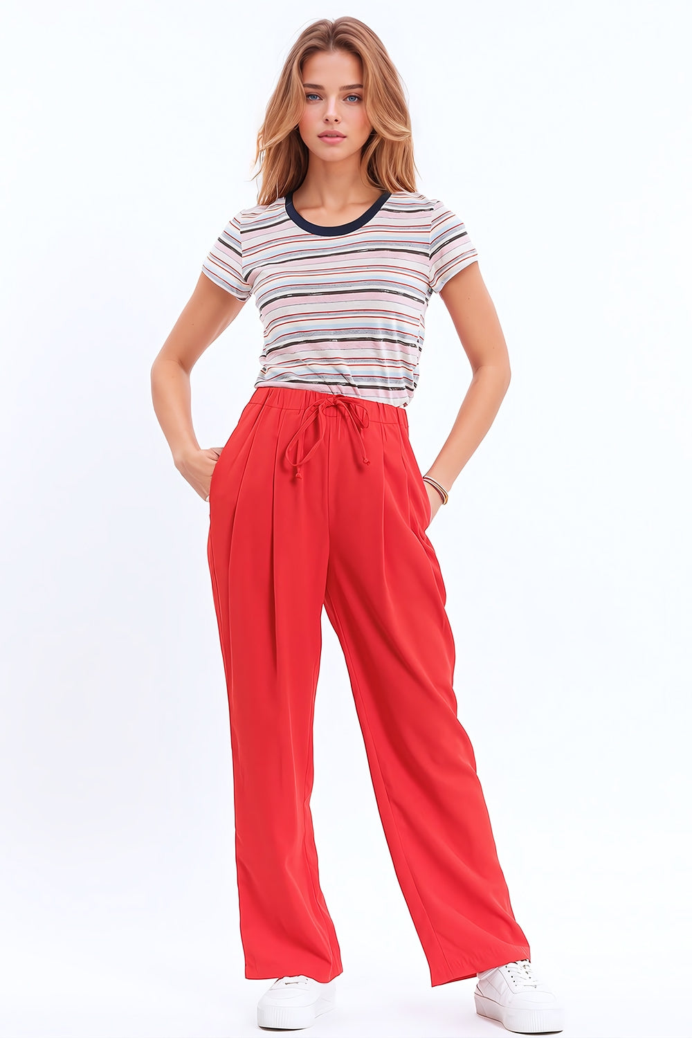 Pants In Coral With Front Pockets And Drawstring Closing - trousers
