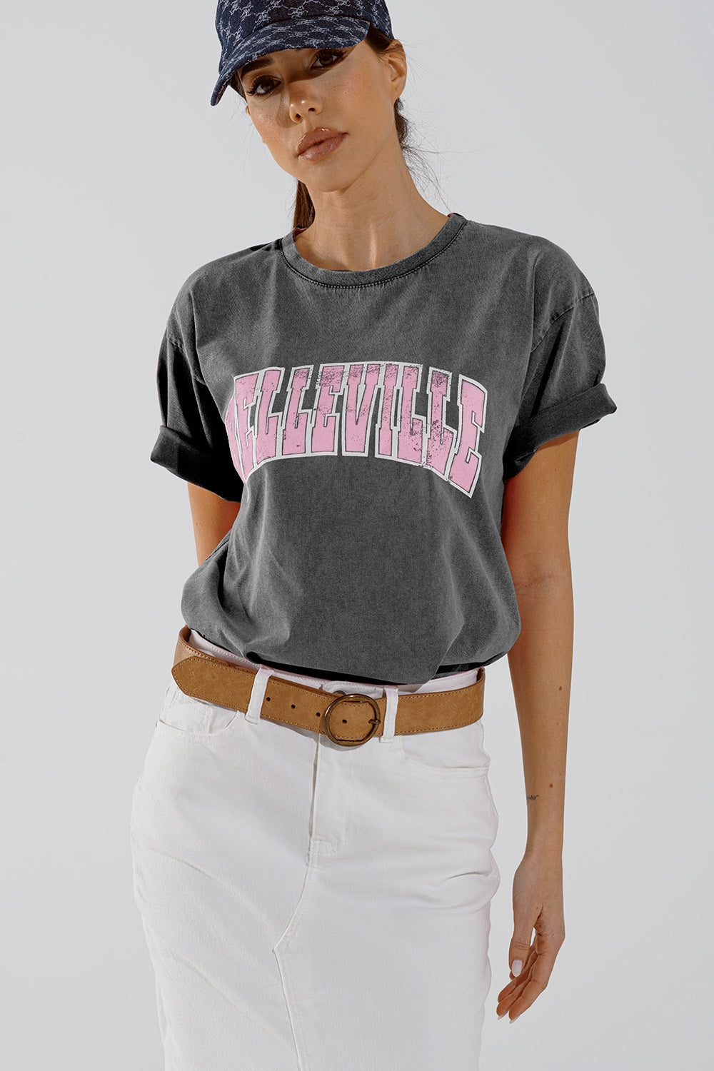 Grey Crew Neck T-shirt With Belleville text - top