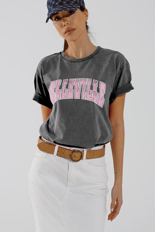 Grey Crew Neck T-shirt With Belleville text - top