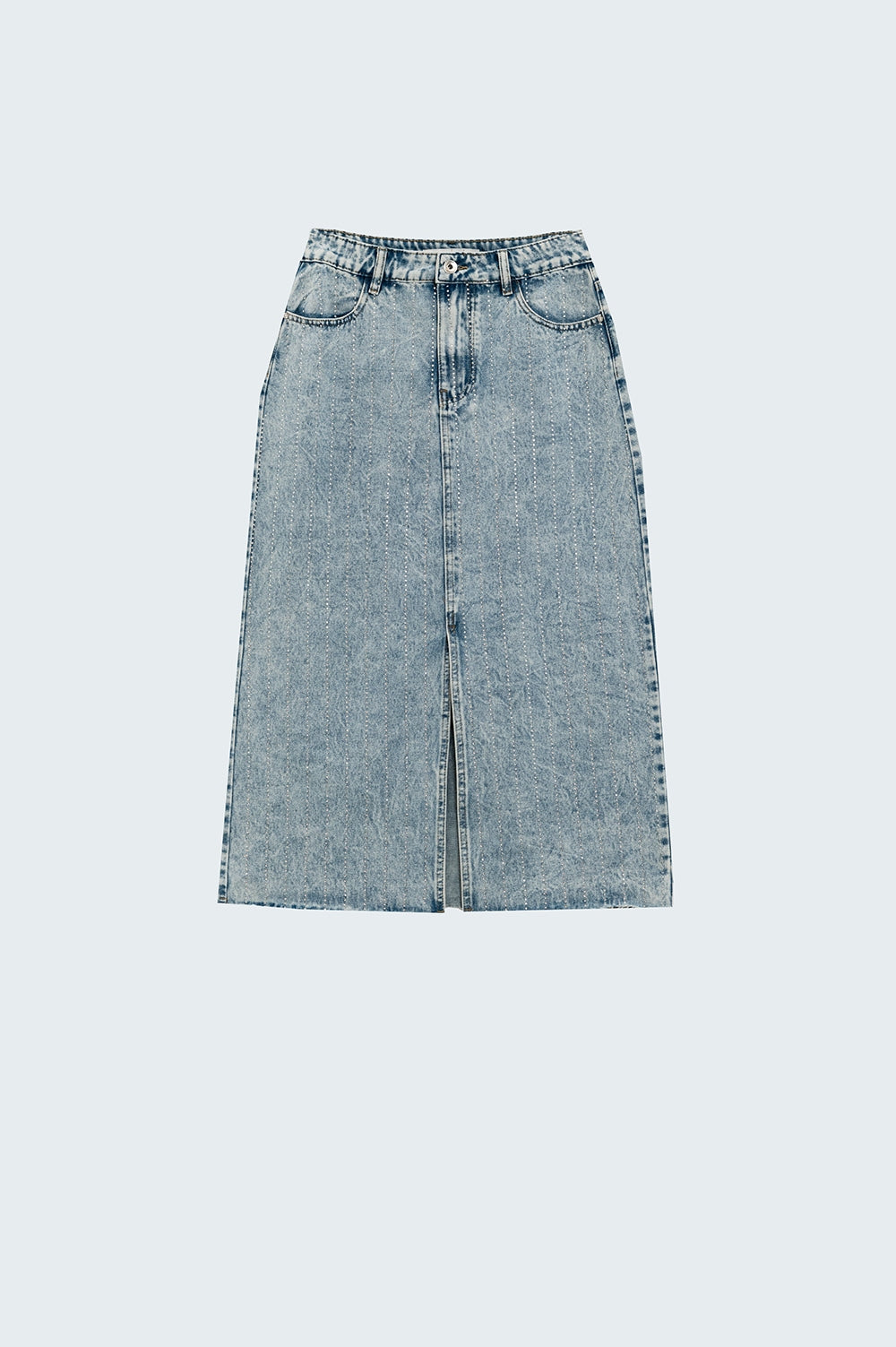 Light Denim Midi Skirt With Front Slit And Diamante Embellishment