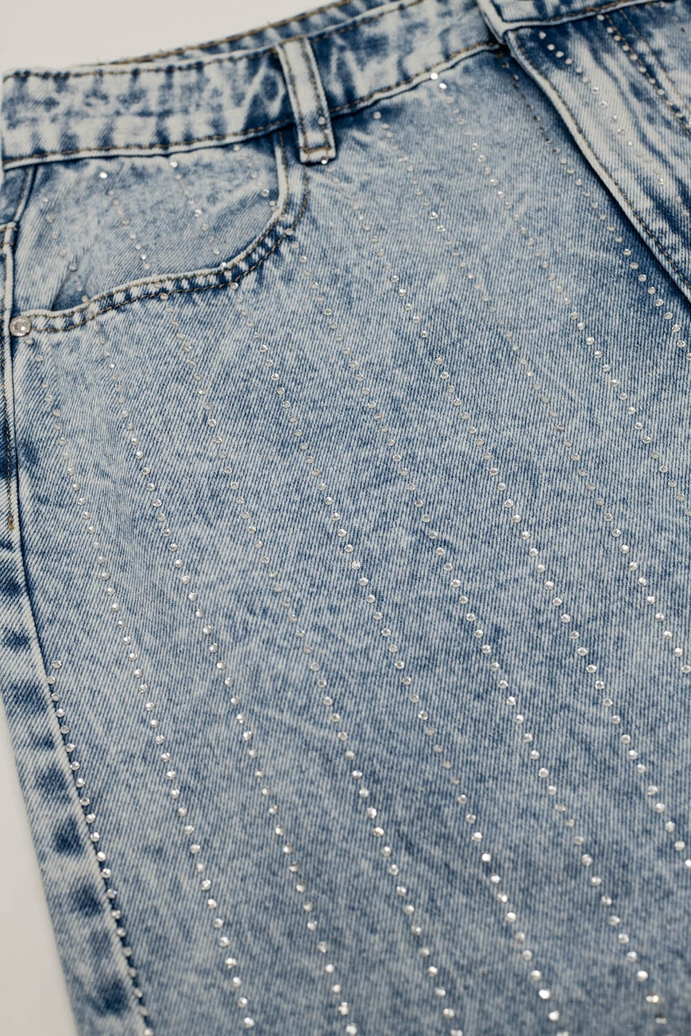 Light Denim Midi Skirt With Front Slit And Diamante Embellishment