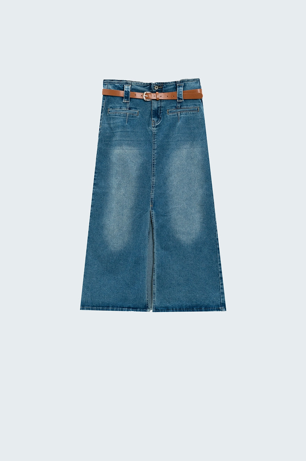 Midi Denim Skirt In Blue With Front Split