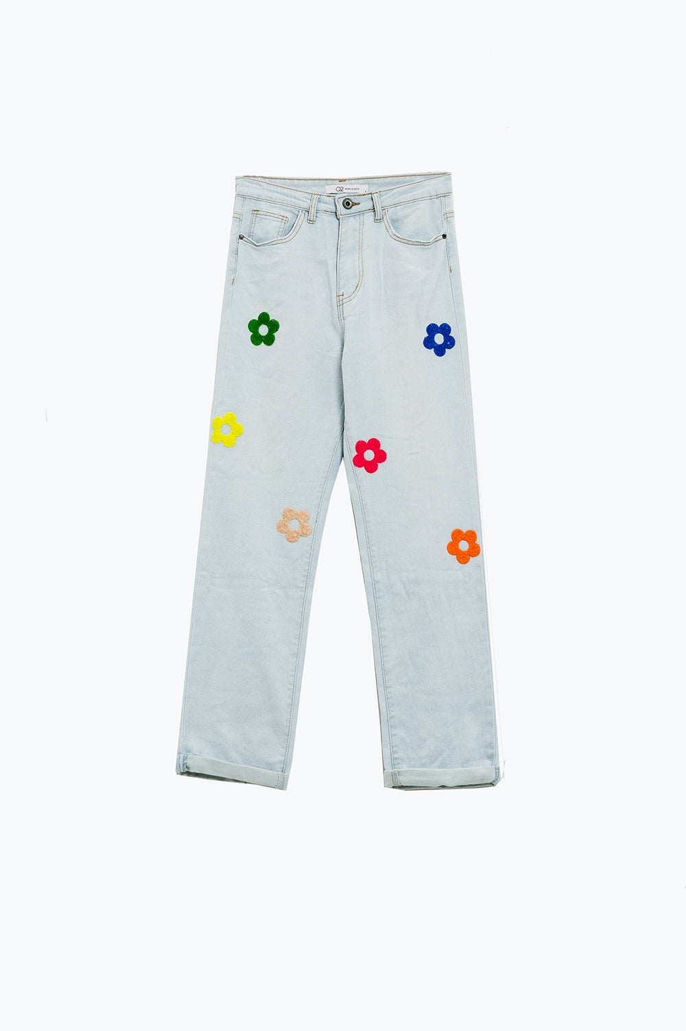 Bleached Relaxed Jeans With Multicolor Floral Design - Denim