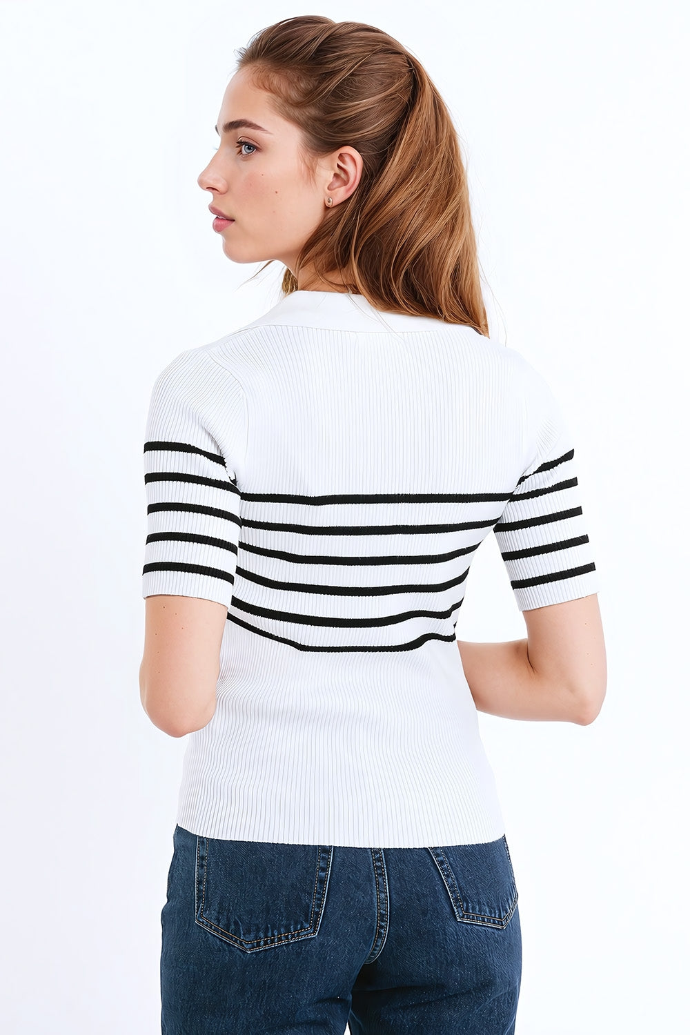 Striped polo with button detail in white - jumper