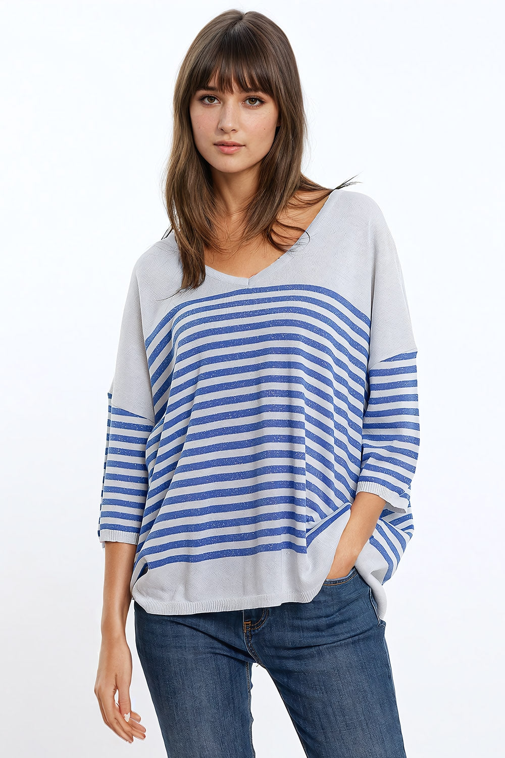 Grey sweater with blue stripes and V-neck
