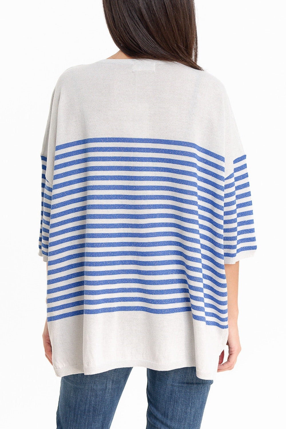 Grey sweater with blue stripes and V-neck