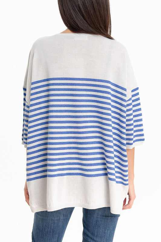 Grey sweater with blue stripes and V-neck