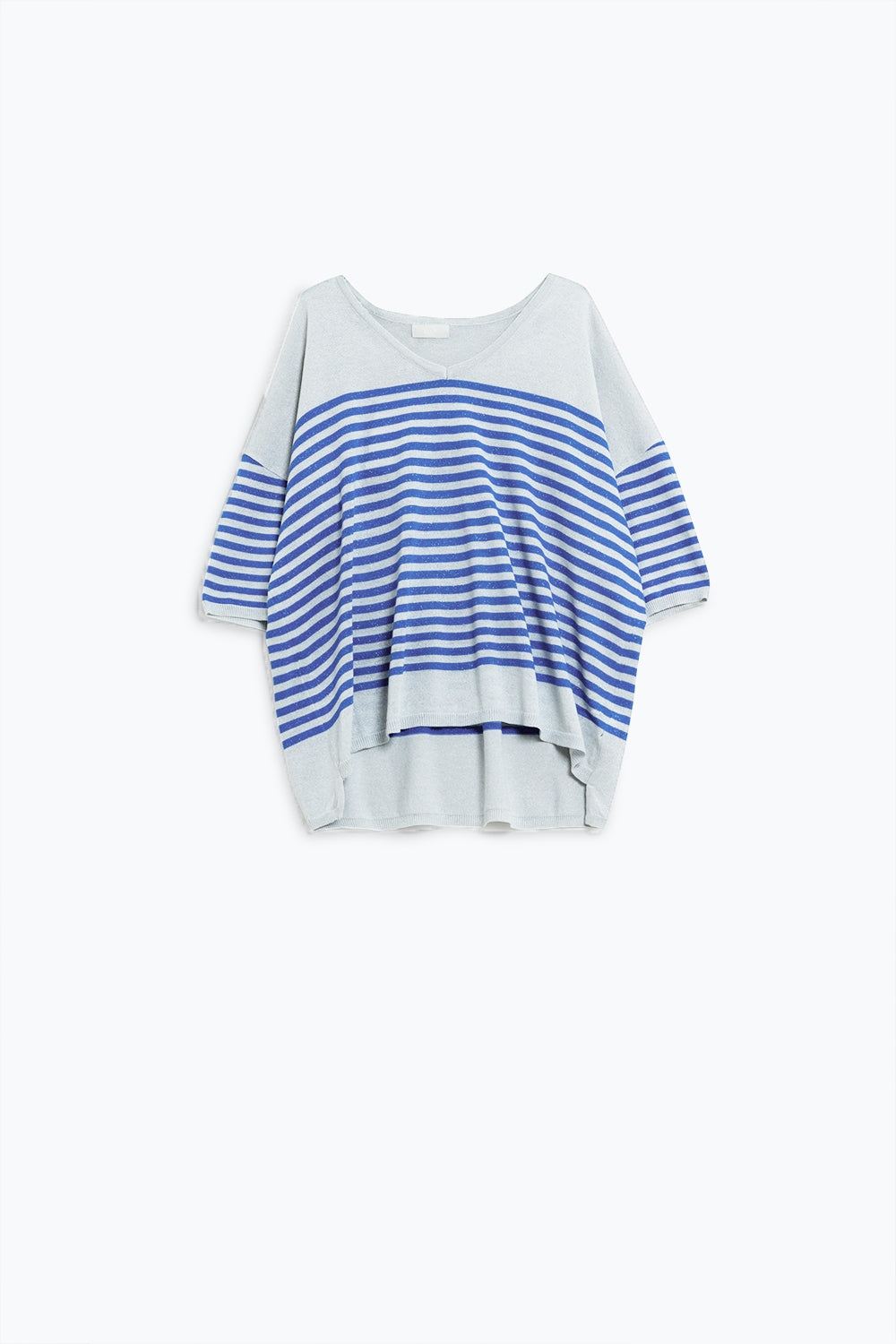 Grey sweater with blue stripes and V-neck