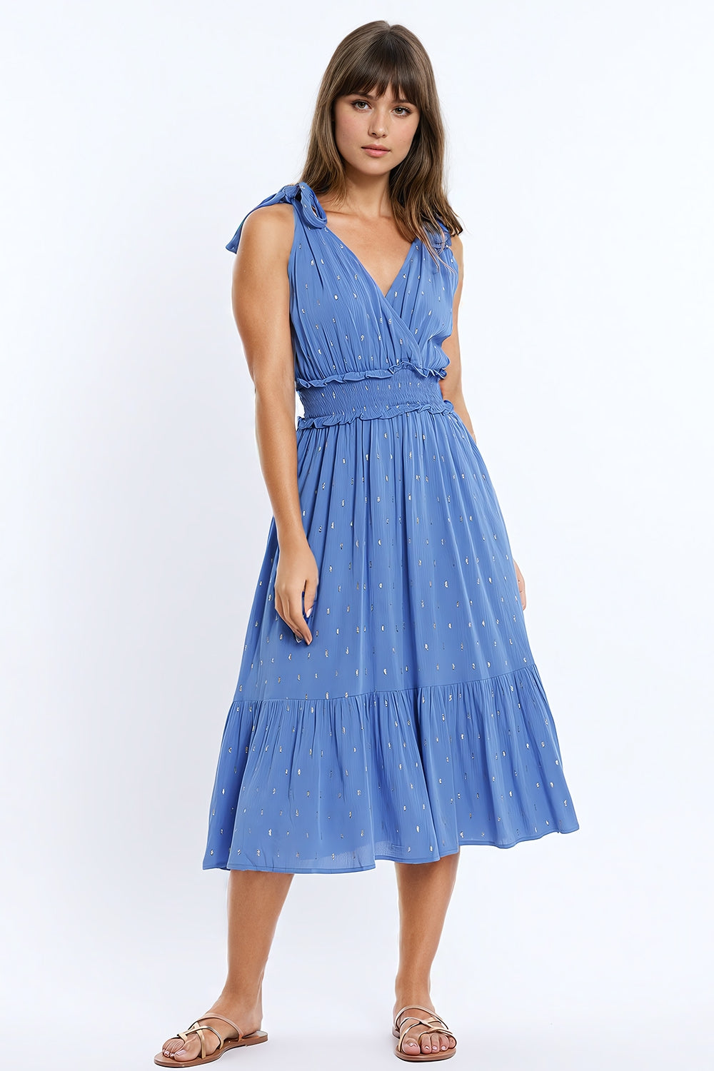 Wrapped Blue Midi Dress With Smock Detail At The Waist and Golden Polka Dots - dress