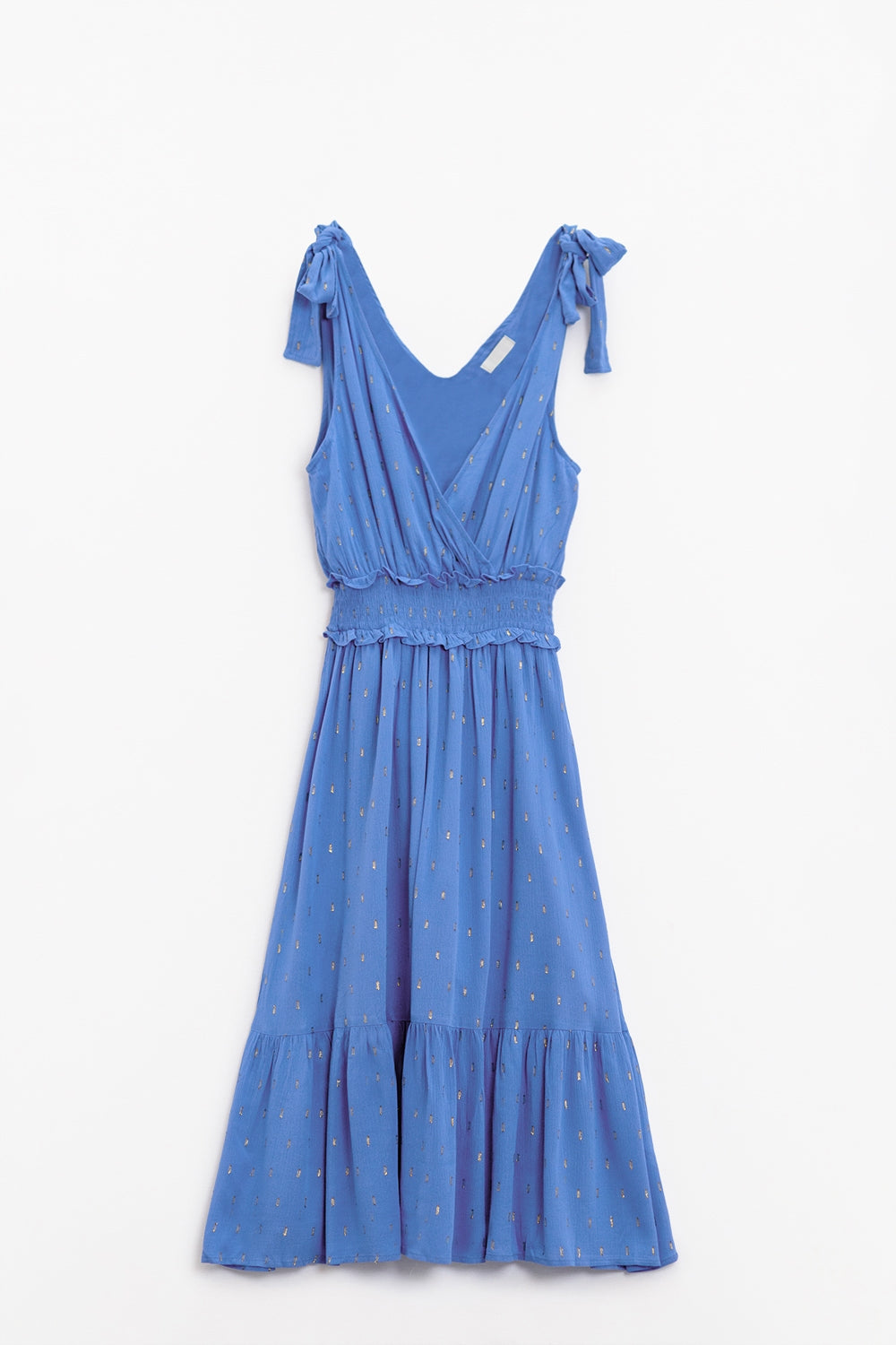 Wrapped Blue Midi Dress With Smock Detail At The Waist and Golden Polka Dots - dress