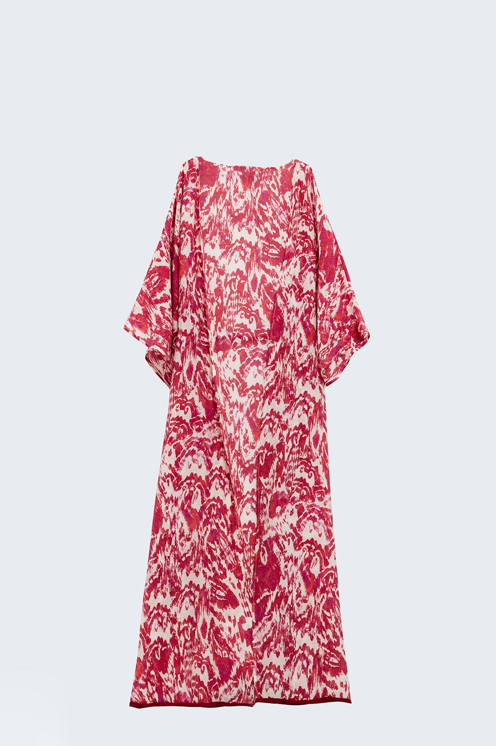 Red Long Kimono With Drawstring Closing in Tribal Print - kimono jacket