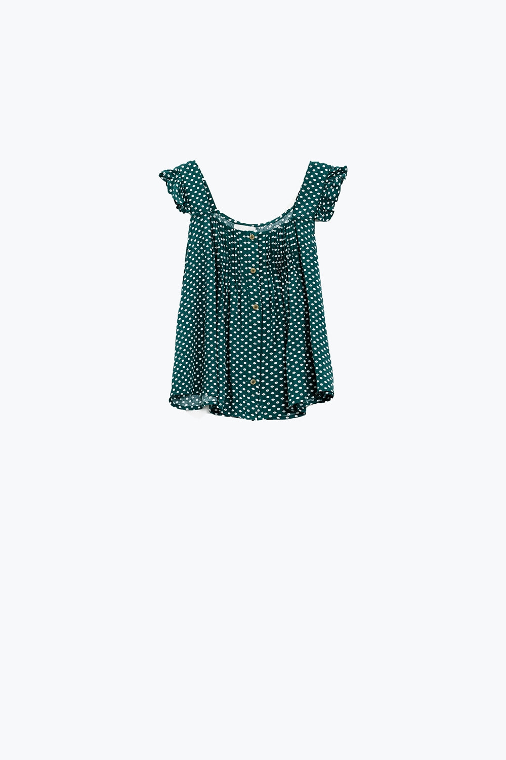 Button Up Blouse With Frilly Short Sleeves and Flower Print in Green