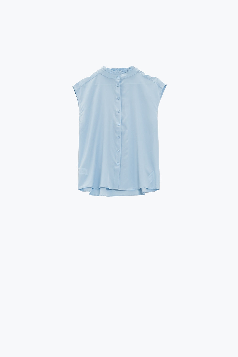 Mao Collar Sleeveless Blue Button up Blouse - Shirts