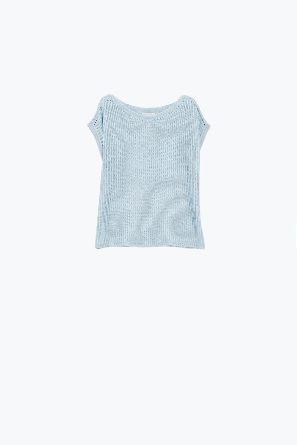Boat Neck Ribbed Sweater With Cap Sleeves in blue