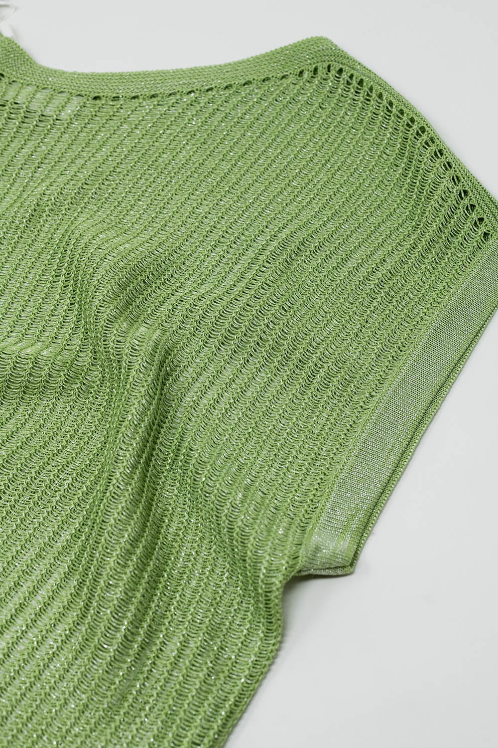 Boat Neck Ribbed Sweater With Cap Sleeves in Green