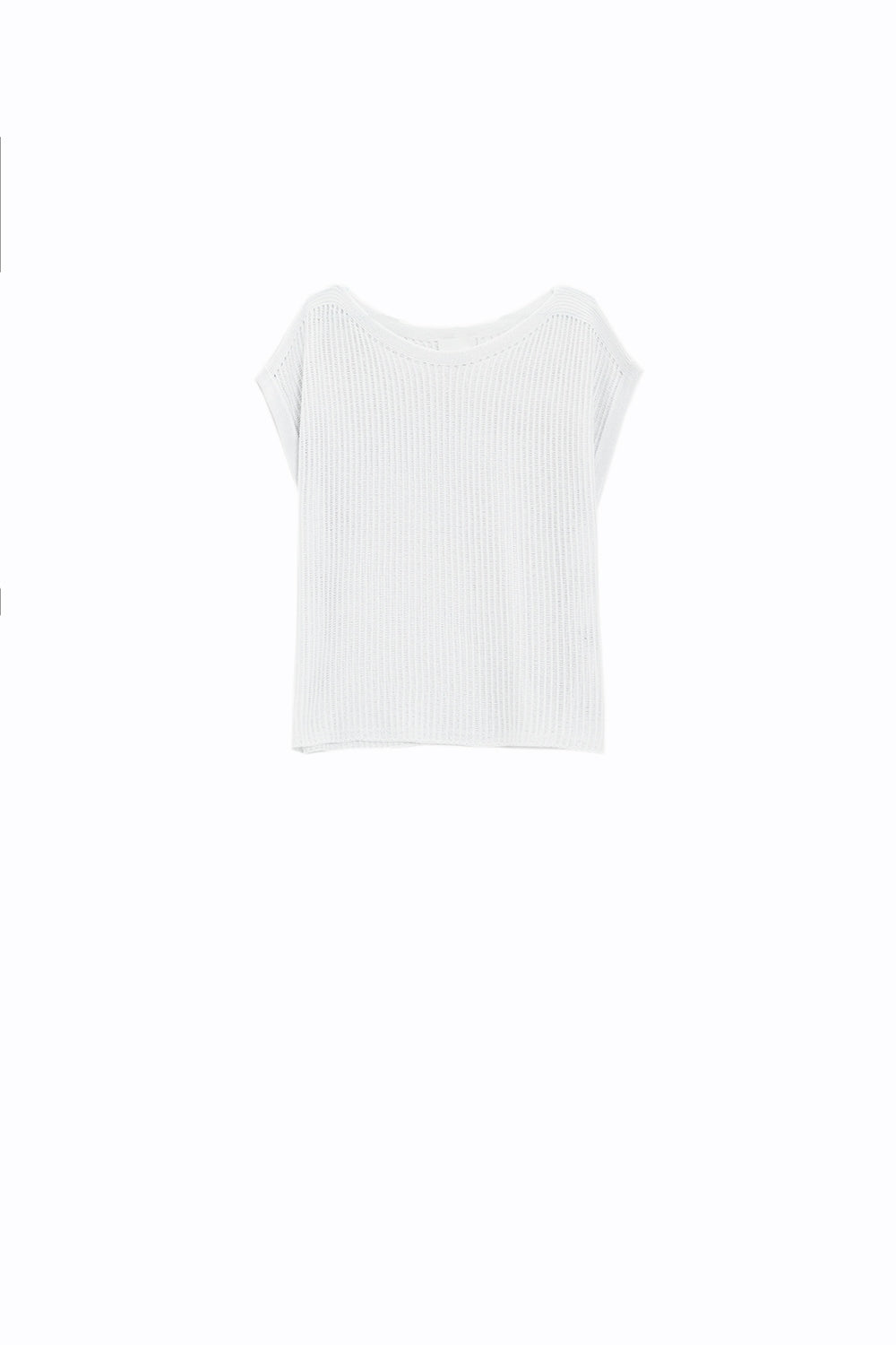 Boat neck ribbed sweater with cap sleeves in white
