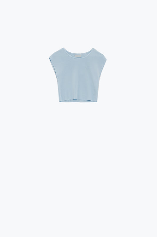 Cropped Knitted Short Sleeves T-shirt in Blue - jumper
