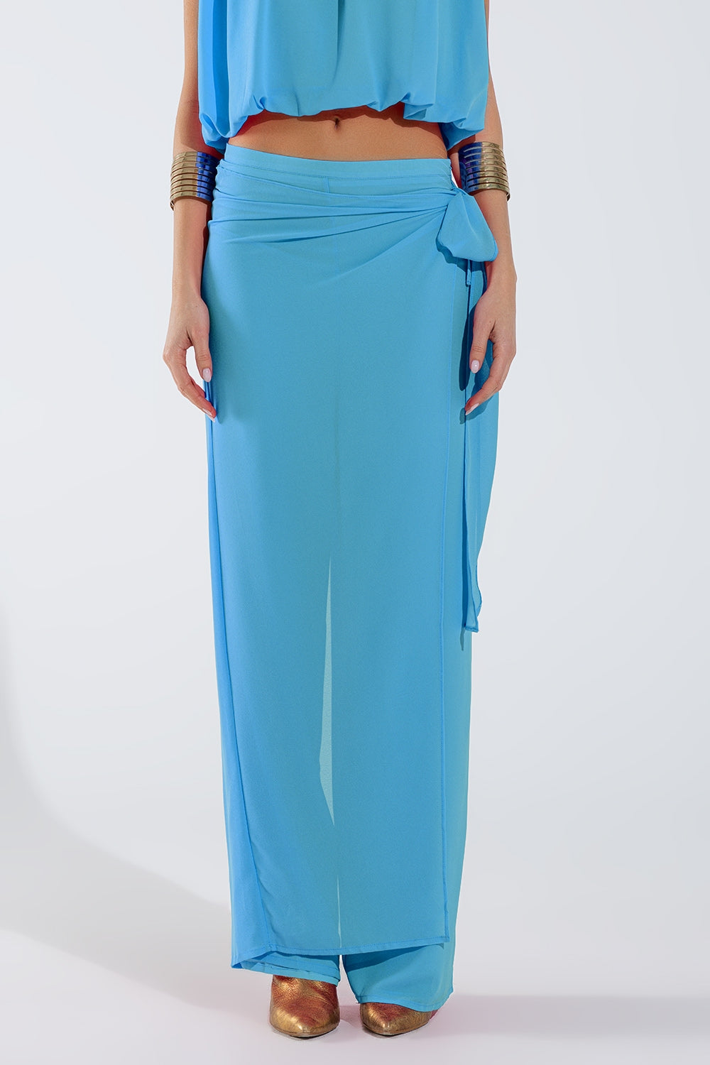 Wide Light blue Pants Overlay Skirt Tied At The Side - trousers