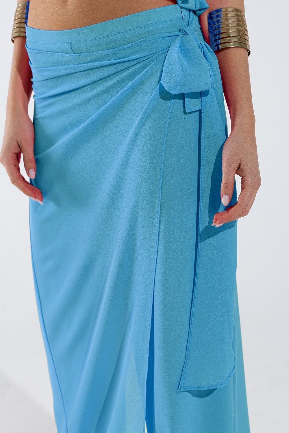 Wide Light blue Pants Overlay Skirt Tied At The Side - trousers