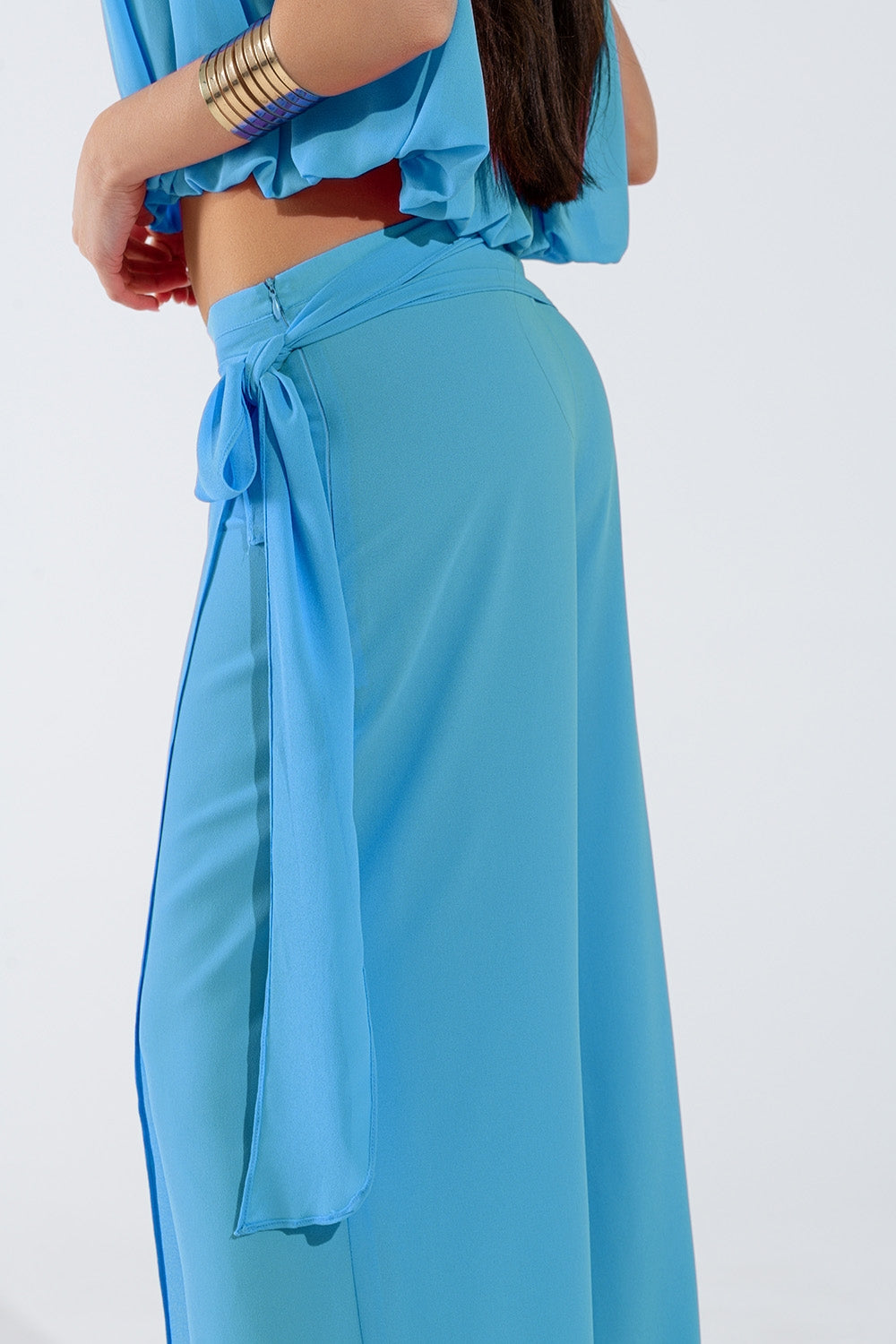 Wide Light blue Pants Overlay Skirt Tied At The Side - trousers