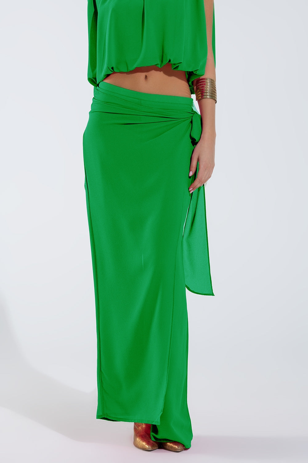 Wide green Pants Overlay Skirt Tied At The Side - trousers